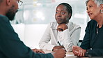 Business people, document discussion and meeting with clients for insurance, planning or solution. Team, paperwork and brainstorming strategy for financial coverage, risk management or idea in office