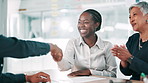 Business people, applause and handshake in meeting with clients for deal, investment agreement or partnership. Happy team, shaking hands and clapping for celebration, merger and company acquisition