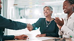 Business people, clapping or handshake in meeting for hiring, recruitment or interview success. Happy team, shaking hands or applause for celebration, onboarding or  thank you for job offer in office