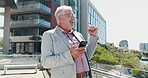 Business, man and celebration with phone outdoor for good news, investment deal or financial milestone. Trader, mature person and victory fist in city for stock market success, excited or achievement