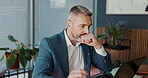 Reading, thinking and laptop with business man in office for  reflection, client portfolio and company analyst. Communication, research and idea solution with employee in agency for account manager