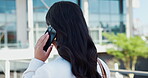 Back, woman or phone call in city for business, communication and negotiation for property investment. Realtor, mobile or connection in town for discussion, opportunity or planning urban development