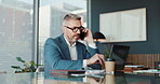 Office, businessman and phone call with laptop for discussion, accountant and audit report. Career, mature person and auditor with mobile for communication, financial research and investment review