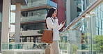 Woman, phone and thinking in city for business, communication and browse real estate on website. Realtor, mobile or internet in town for investment search, opportunity or choice for urban development