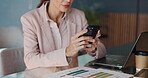 Typing, hands and phone with business woman in office for  networking, client portfolio and company analyst. Communication, research and solution report with employee in agency for account manager