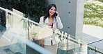 Smile, woman or phone call in city for business, communication and negotiation for property investment. Realtor, mobile or connection in town for discussion, opportunity or planning urban development