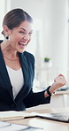 Laptop, surprise and business woman celebrate success, achievement or promotion in office. Computer, yes and excited worker with good news, winning bonus or fist pump for financial accomplishment