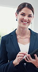 Business, smile and woman with tablet, face and economy analyst for budget report. Happy person, accounting or investor in workplace, tech or internet with financial proposal or email for tax savings