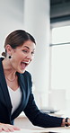 Laptop, wow and business woman celebrate success, achievement or promotion in office. Computer, surprise and excited worker with good news, winning bonus or fist pump for financial accomplishment