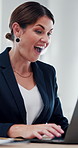 Laptop, excited and business woman celebrate success, achievement and promotion in office. Computer, surprise and worker with good news, winning bonus and fist pump for financial accomplishment