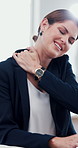 Business, neck pain and woman in office, burnout and shoulder tension with accounting. Person, financial investor or employee in workplace, stress and overtime with muscle ache, joint injury or tired