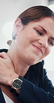 Business, neck pain and woman in office, tired and shoulder tension with accounting, stress and burnout. Person, investor and employee with fatigue, muscle ache and joint injury with inflammation