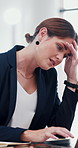 Office, employee and woman with laptop, stress and thinking of mistake, regret or anxious for error. Law firm, attorney and reading feedback on email, contemplating and person with burnout or worried
