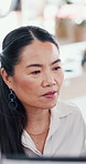 Computer, research and talking with business woman in office for collaboration or discussion. Conversation, development and teamwork with Asian employee in corporate workplace for meeting or planning