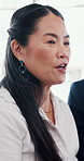 Computer, conversation and research with business woman in office for collaboration or discussion. Development, talking and teamwork with Asian employee in corporate workplace for meeting or planning