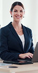 Business, smile and woman with laptop, face or financial proposal for budget report. Happy person, accounting or investor in workplace, tech or internet with computer, email for tax review or economy