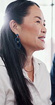 Computer, development and talking with business woman in office for collaboration or discussion. Conversation, research and teamwork with Asian employee in corporate workplace for meeting or planning