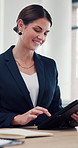 Business, smile and woman in office, tablet and online reading for budget report. Person, accounting and investor in workplace, tech or internet with financial proposal, email for feedback or economy