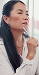 Pen, thinking and Asian woman with solution for business, creative or news editor with insight. Reflection, mature manager and idea for problem solving, planning and inspiration for story in office