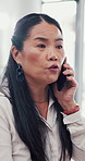 Asian woman, phone call and conversation in office for business negotiation, insurance deal or offer. Mobile, talking and communication with mature manager for policy sales, question and feedback