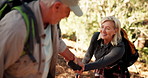Holding hands, help and couple hiking in nature on vacation, holiday or weekend trip together. Forest, backpacking and mature man with woman on trekking trail for journey outdoor in woods for travel.