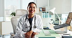 Doctor, healthcare and laptop with face of woman in hospital for cardiology appointment or checkup. Computer, medical and stethoscope with smile of happy medicine professional in clinic for feedback