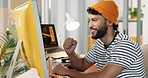 Success, computer and excited business man celebrate with online competition, win and bonus. Male designer, technology and fist pump for internet achievement, approval or recognition for design