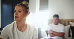 Home, bedroom and couple with ignore after fight, misunderstanding and sad in toxic marriage. House, angry woman and man with erectile dysfunction in relationship, cheating and divorce for infidelity