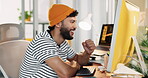 Excited, computer and creative man celebrate success with online competition, win and bonus. Male designer, technology and fist pump for internet achievement, approval or recognition for design