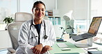 Doctor, laptop and medical with face of woman in hospital for cardiology appointment or checkup. Computer, smile and stethoscope with happy medicine professional in clinic for feedback or trust