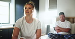 Bedroom, couple and woman with ignore after fight, misunderstanding and sad in toxic marriage. Home, man and angry partner with silent treatment in relationship, cheating and divorce for infidelity