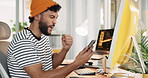 Success, phone and excited business man celebrate with online competition, win and wow bonus. Male designer, technology and fist pump for internet achievement, approval or yes for creative design