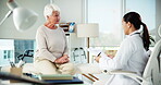 Elderly patient, doctor and consultation with paperwork for healthcare information, medical history or diagnosis notes. Clinic, old woman and professional with documents for health report and service