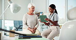 Healthcare, senior woman and physiotherapist with tablet, rehabilitation and tracking process with web. Hospital, talking and women with treatment for elderly patient, medical appointment or wellness