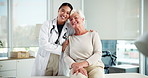 Happy, face and nurse with senior woman for hug with good news, support or comfort in hospital. Smile, portrait and healthcare worker embracing elderly female patient at consultation in clinic.