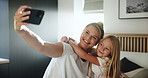 Bedroom, mother and child with hug for selfie, bonding together and loving relationship with memory. Happy people, mom and girl with photography for profile picture, social media and family at home