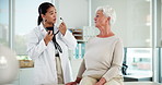 Doctor, stethoscope and senior patient with consultation for health assessment, cardiology diagnosis or advice. Elderly woman, expert or medical tool for heartbeat monitor or treatment plan at clinic