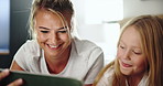 Bedroom, mother and child with happiness for tablet, streaming service and check for cartoon to watch. Home, mom and girl with digital for movie website, connection and bonding together with smile