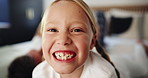 Girl, happiness or face of child in home with joy, parent and fun on bedroom with teeth, confidence or smile. Playing, growth or healthy female kid with family, satisfaction or portrait in Australia