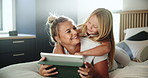Bedroom, mother and girl with hug for tablet, streaming service and check for cartoon to watch. Home, mom and child with digital for movie website, connection and bonding together with happiness