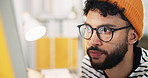 Creative man, programmer and glasses with computer for software development, coding or online update. Male person, employee or web designer with technology for research, new app or design at office