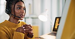 Call center, businesswoman and computer with headset for talking, crm questions and customer service. Office, indian female person and consultant at help desk for support, discussion or inbound sales