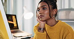 Woman, bored or tired by computer in office, annoyed or frustrated with creative career. Burnout, fatigue or low energy with lazy employee or deadline procrastination, moody or sleepy at startup
