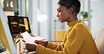 Home, student and woman with document, laptop and review of tuition for university, serious and dorm. Reading, paperwork and person with info for college fee, education or planning for cost of course