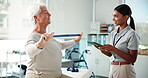 Senior woman, stretching and physiotherapist on tablet for injury progress, recovery and medical report. Elderly patient, band and online of physiotherapy, mobility rehabilitation and healing results