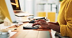 Design, hands and keyboard with creative person closeup in office for administration or business. Computer, planning and typing with startup employee at desk in workplace for project development
