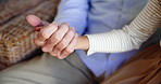 Elderly, hands and touch with empathy for generation, trust or love and care at old age home. Closeup, senior and sympathy with youth for support, assisted living or appreciation in retirement house