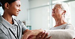 Senior woman, stretching pain and physiotherapist for assessment, arthritis injury and medical recovery. Elderly patient, helping and physiotherapy for arm mobility, rehabilitation and healing muscle