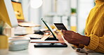 Office, employee and hands with tablet for credit card, online shopping and payment for website app. Closeup, person and debit information with digital for platform subscription, ecommerce or fintech
