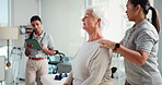 Senior woman, checkup and physiotherapist on tablet, injury progress and medical report. Elderly patient, stretching and physiotherapy team for mobility assessment, rehabilitation and healing muscle